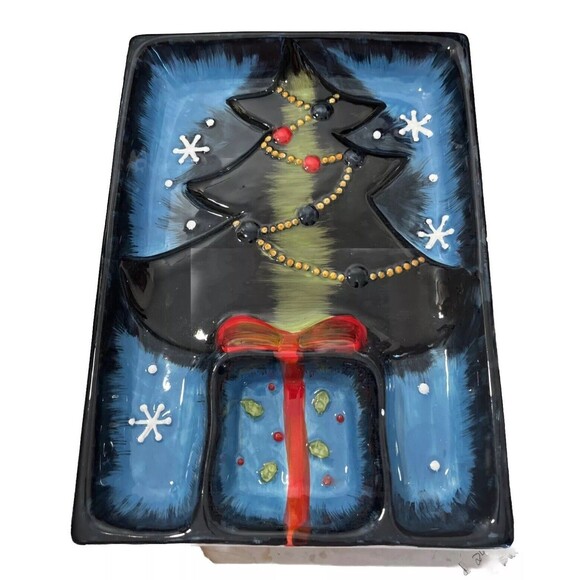 Christmas Chip/Veggie Dip Platter Blue Black Porcelain 8x11 Inch Seasonal Decor - Picture 1 of 8
